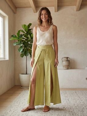 SJ Style Yellow Wide-Leg Split Panel Pants large petite tie waist